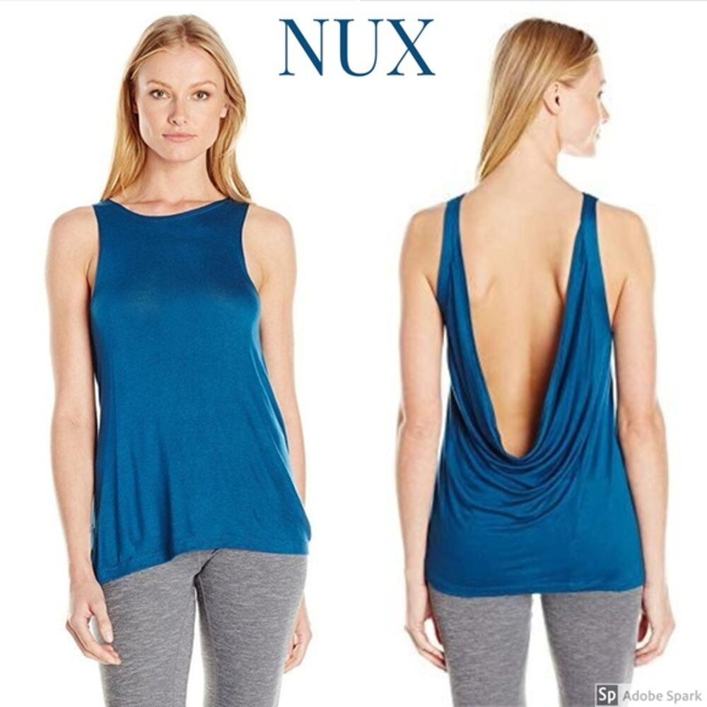 Nux Take It Easy Tank Top Size XL Blue Draped Open Back Yoga Athletic Activewear